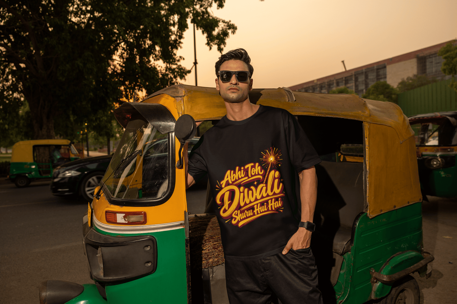 Oversized t shirt mockup featuring a man posing against a cart bike m56815 (2)